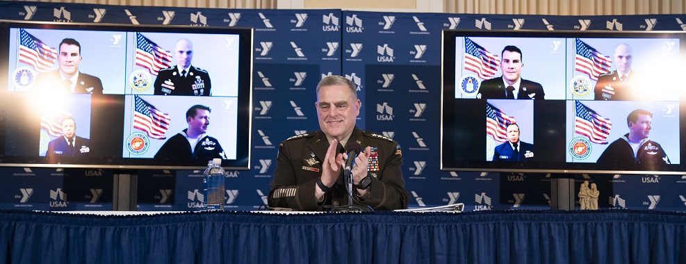 Army Gen. Mark A. Milley, chairman of the Joint Chiefs of Staff, claps for the award recipients during the Armed Services YMCA 14th Annual Angels of the Battlefield award ceremony held at the National Press Club in Washington D.C., Oct. 27, 2020. Since 2006, the Armed Services YMCA’s Angels of the Battlefield Award honors military medics, corpsmen and pararescue service members representing all five branches of the U.S. Armed Services. (DOD Photo by Navy Petty Officer 1st Class Carlos M. Vazquez II)